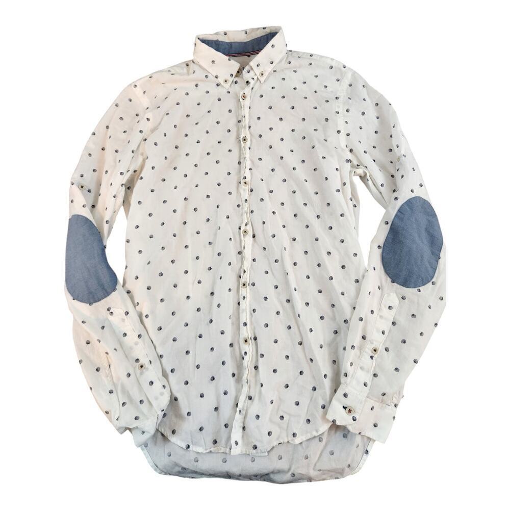 Zara Man Button Down Shirt Mens Medium White Seashell Print Slim Fit Elbow Patch